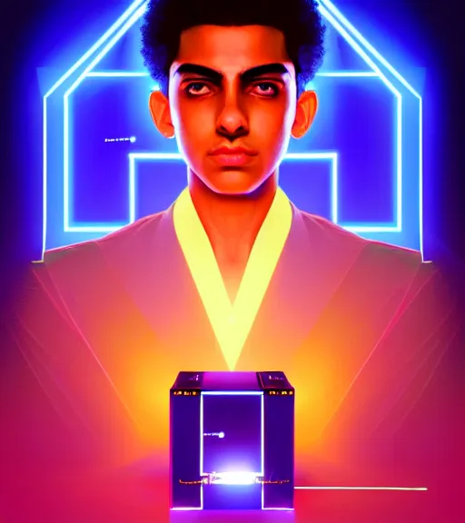 Image similar to symmetry!! egyptian boy prince of technology, solid cube of light, hard edges, product render retro - futuristic poster scifi, lasers and neon circuits, brown skin boy egyptian boy prince, intricate, elegant, highly detailed, digital painting, artstation, concept art, smooth, sharp focus, illustration, dreamlike, art by artgerm