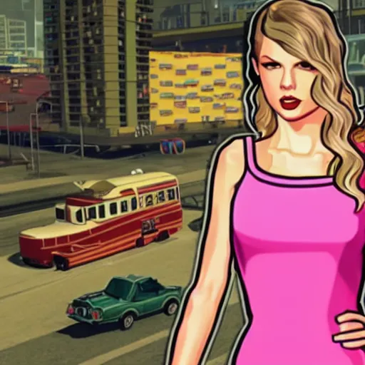 Prompt: A GTA 5 game loading screen featuring Taylor Swift