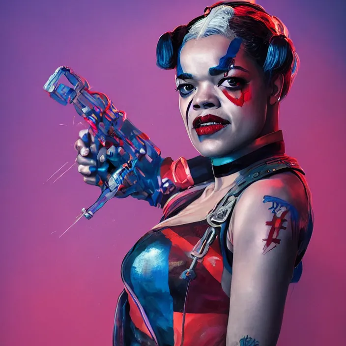 Image similar to portrait of Tessa Thompson as a harley quinn. intricate abstract. intricate artwork. by Tooth Wu, wlop, beeple, dan mumford. octane render, trending on artstation, greg rutkowski very coherent symmetrical artwork. cinematic, hyper realism, high detail, octane render, 8k, iridescent accents