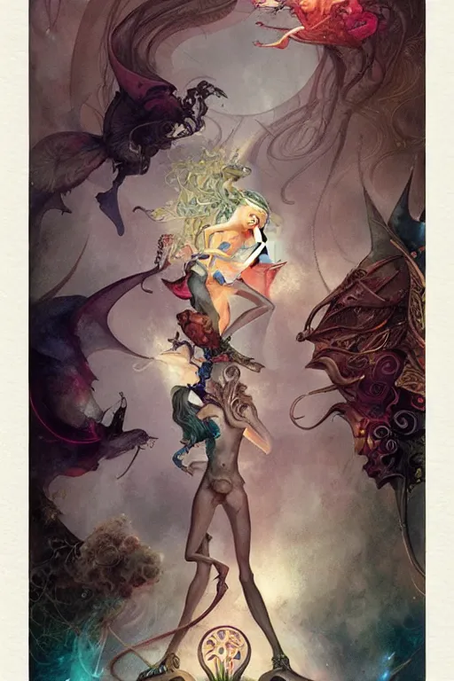 Image similar to an illustrated tarot card of The lovers based on the original rider waite tarot deck, full of colors, insane details, concept art, elegant, by Peter Mohrbacher and brian froud dynamic lighting