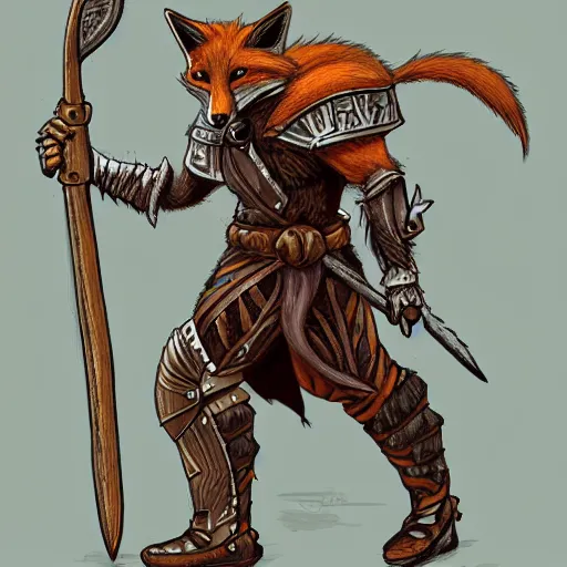 Image similar to an anthro fox warrior wearing leather armor and carrying a large warhammer, in the style of dungeons and dragons concept art, digital illustration. An anthro fox warrior swinging a Warhammer in full armor