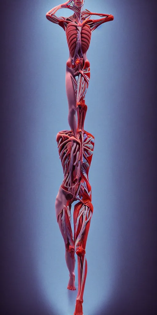 Image similar to poster design, full body anatomical model, 3 d photographic render of a deconstructed asymmetric human anatomical correct human body, in hoc signo vinces, waterfall, in the style of leonora carrington, gottfried helnwein, intricate composition, blue light by caravaggio, insanely quality, highly detailed, masterpiece, red light, artstation