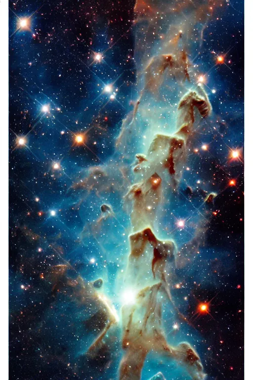 Prompt: Pillars of Creation. elephant trunks of interstellar gas and dust in the Eagle Nebula in the Serpens constellation. HR Giger, oil on canvas. Hubble Space Telescope. Stars. NASA. Milky Way Galaxy. detailed. high resolution.