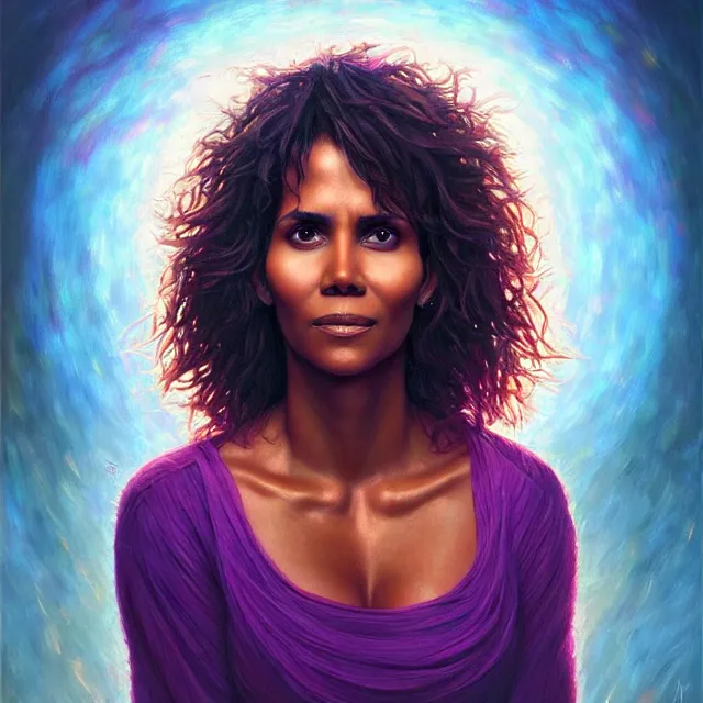 Prompt: portrait of halle berry by mandy jurgens, cartoon, oil painting, visionary art, symmetric, magic symbols, holy halo, dramatic ambient lighting, high detail, vibrant colors,