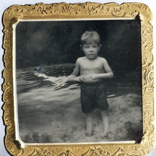 Image similar to tintype photo, swimming deep underwater, kid with huge beast