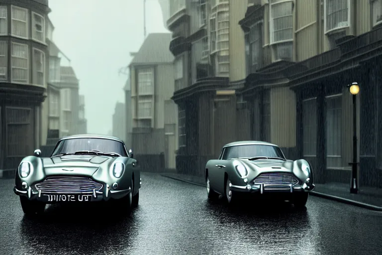 Prompt: a wholesome animation key shot of one focused aston martin db 5, parked on a side of a wet london street, raining, medium range, studio ghibli, pixar and disney animation, sharp, very detailed, octane render, 4 k, high resolution, anime key art by greg rutkowski, dull diffused side lighting