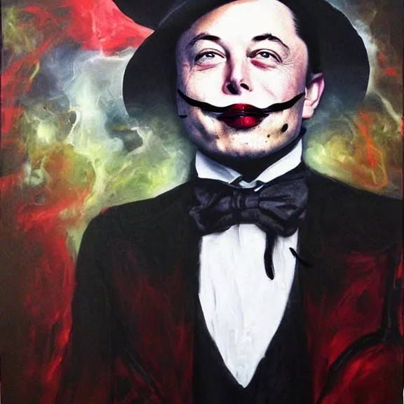 Image similar to elon musk as the grim-hatter with evil mustache grinning, cinematic, dark oil paint, realistic flavor, decaying rich colors!, instagram photo