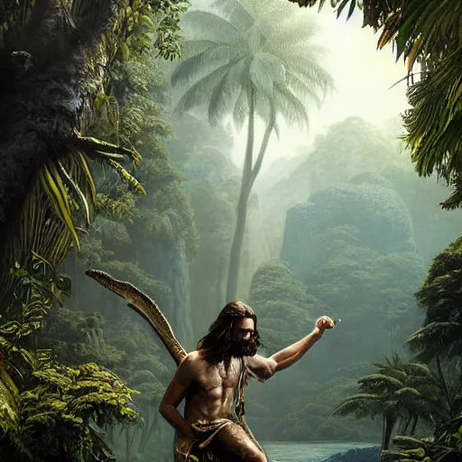 Image similar to a detailed matte painting of a ridiculously good looking jesus who is exploring the prehistoric jungle with his pet velociraptor, elegant ancient greek dress, jungle as the background, very detailed, beautiful, intricate, art by greg rutkowski and robert e howard, octane render