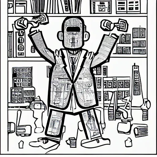 Image similar to a man holding bolt cutters. childrens coloring book, chris ware, nick drnaso, stylised graphic novel, black and white, coloring pages