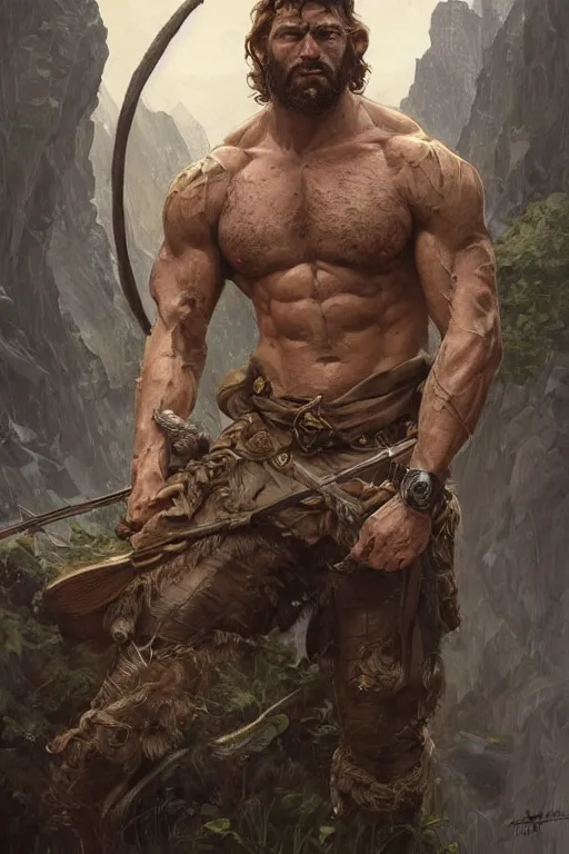 Prompt: portrait of a rugged ranger, muscular, upper body, hairy torso, D&D, fantasy, intricate, elegant, highly detailed, digital painting, artstation, concept art, smooth, sharp focus, illustration, art by artgerm and Greg Rutkowski and Alphonse Mucha