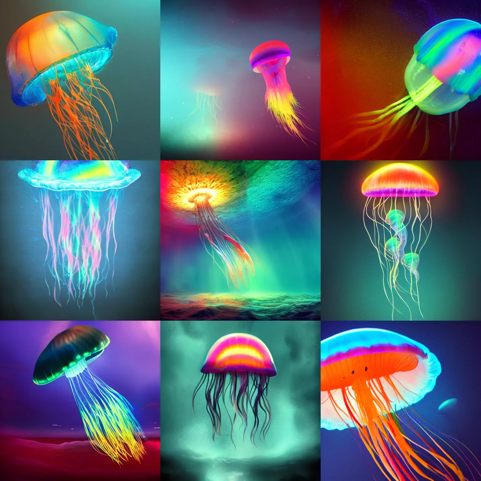 Prompt: photo of a rainbow glowing jellyfish, deep sea, award winning photo, atmospheric, desolate, artstation