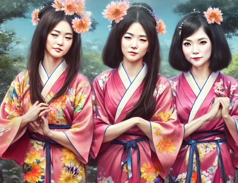 Prompt: two beautiful fashion taiwan girls wear fantasy yukata in festival | | big eyes, sunny, realistic shaded, smile, good looking, fine details, 4 k realistic, cryengine, realistic shaded lighting poster by greg rutkowski, magali villeneuve, artgerm, jeremy lipkin and michael garmash and rob rey