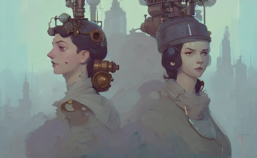 Image similar to portrait of female steampunk princess by atey ghailan, by greg rutkowski, by simon stalenhag, by greg tocchini, by james gilleard, by joe fenton, by kaethe butcher dynamic lighting, gradient light blue, brown, blonde cream and white color scheme, grunge aesthetic