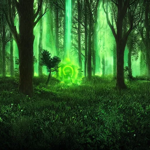 Image similar to “Dark subversive green lush forest with a magical portal at its core, photorealistic Breath of The Wild, Craig Mullinsa, 8k, ultra hd, night with a light from the window, against a matrix background, all black room and setting, glitch art, trending on artstation, high detail, 8K, CGsociety, hypermaximalist, octane render, cinematic lighting, post apocalyptic, data, code, mutek, nervous system, parametric, octane render, sci fi, glitch”