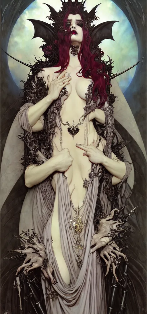 Prompt: close up painting a beautiful vampire queen in gothic robes with bat wings, by nekro, peter mohrbacher, alphonse mucha, brian froud, yoshitaka amano, kim keever, victo ngai, james jean
