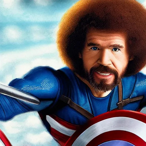 Prompt: Bob Ross as Captain America, photography, portrait