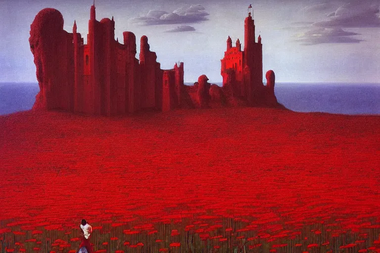 Image similar to only with red, a red expanse of flowers of different types, castle in background, goblin dance over the flowers, in the style of beksinski, parts by edward hopper, parts by rodcenko, parts by yue minjun, intricate and epic composition, red by caravaggio, insanely quality, highly detailed, masterpiece, red light, artstation, 4 k