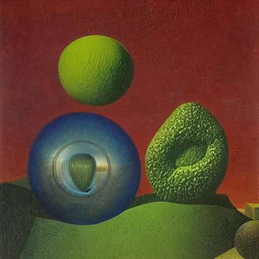 Image similar to 🐶🍐🌜🧨, intricate details, oil on canvas, highly detailed, surreal, by max ernst, rene magritte