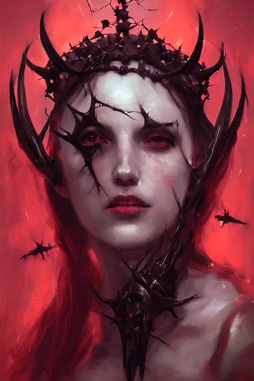 Image similar to Portrait of beautiful pale succubus maiden with crown of thorns, and devil's horns, red lighting, digital art by Ruan Jia and Mandy Jurgens and Artgerm, highly detailed, trending on artstation, award winning,