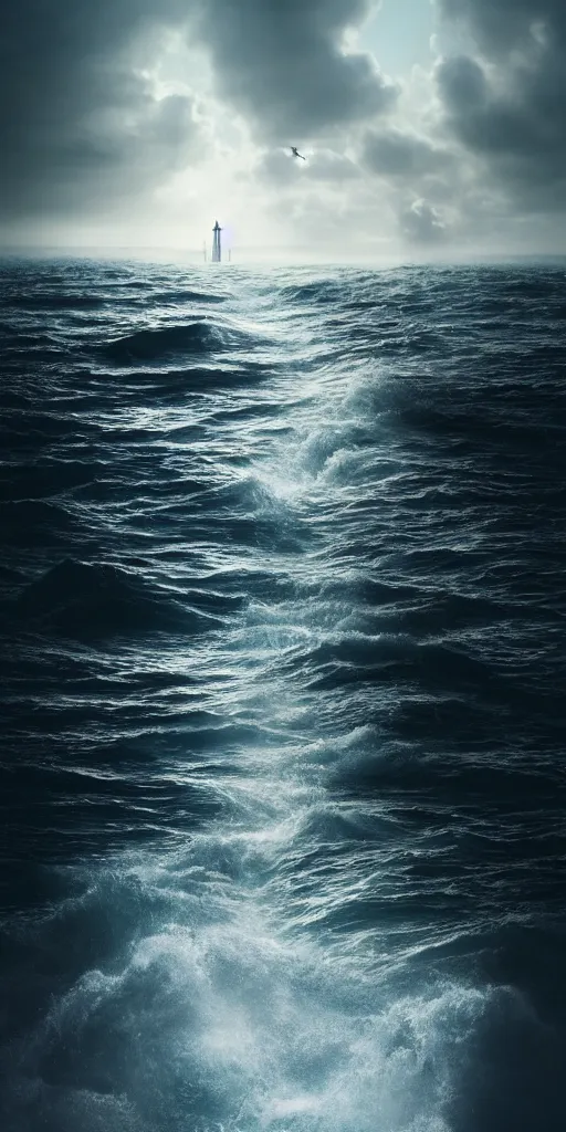 Prompt: a path through the sea, path, wall of water either side, biblical, exodus 1 4 : 2 1 & 2 2, moses, by stephen king, cinematic, hyperrealistic, evil, dark, cgsociety, 8 k