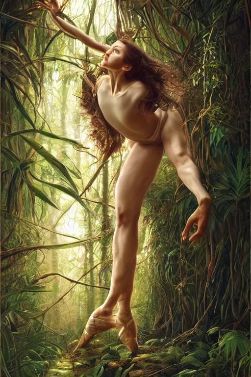 Image similar to stunningly beautiful, prima ballerina in jungle, symmetrical face, golden hour, smooth, focus, highly detailed, hyper realistic, dramatic lighting, elegant, intricate, concept art, art by wlop, mars ravelo, greg rutowski