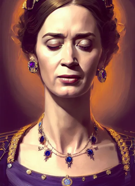 Image similar to portrait of emily blunt as queen, jewelry, greek, silk, sapphire, victorian age, 1 8 9 0, intricate, headshot, key visual, conceptart, ambient lighting, highly detailed, digital painting, artstation, concept art, sharp focus, by makoto shinkai and akihiko yoshida and greg manchess