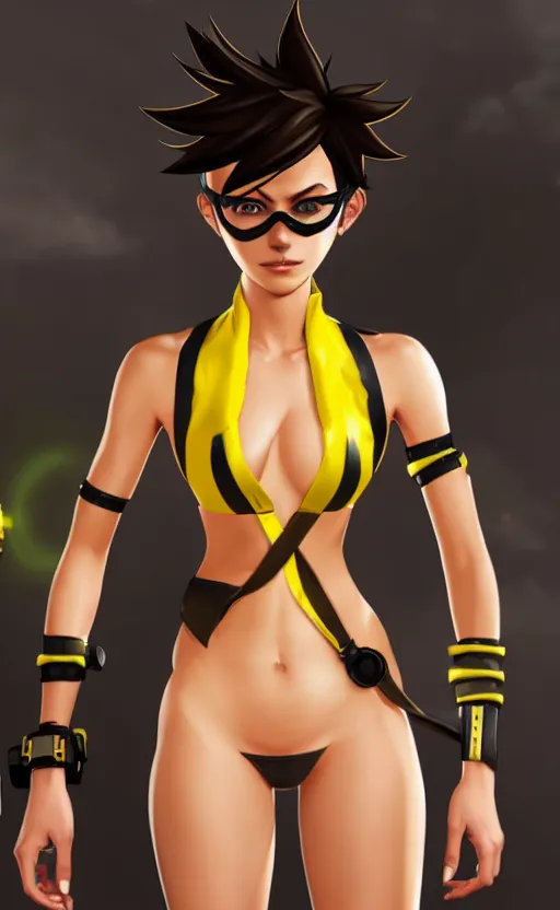 Image similar to tracer game character, in yellow bikini, blonde hair, black eyes, full height