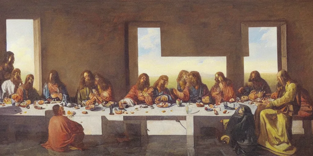 Prompt: the last supper in bishop hill colony farm by olof krans oil on board