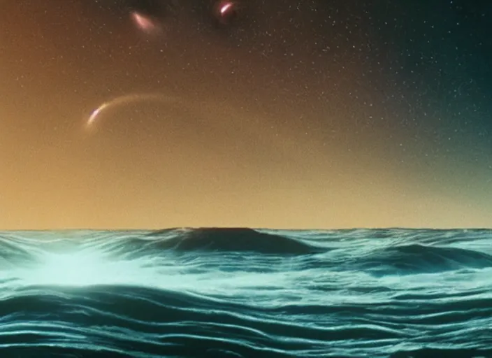 Prompt: the wave planet from interstellar, arnold schwarzenegger, cinestill colour, anamorphic