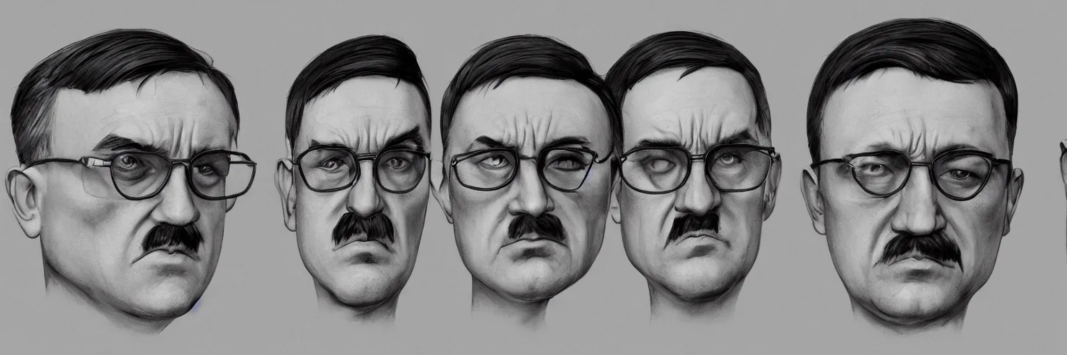 Prompt: character face study of bunny mike patton and adolf hitler, clear, evil, glasses, character sheet, fine details, concept design, contrast, kim jung gi, da vinci and pixar, trending on artstation, 8 k, 3 6 0 head, turnaround, front view, back view, ultra wide angle