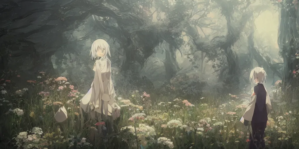 Image similar to anime kyoto animation key by greg rutkowski night, single white hair girl in abandoned chapel with overgrown flowers and plants