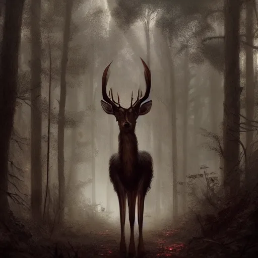 Prompt: anthropomorphic human deer monster in a dark moonlif forest, horror, highly detailed, by Greg Rutkowski, trending on artstation, 4k