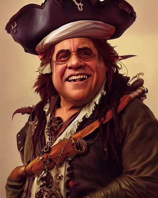 Prompt: portrait of danny devito as a pirate, highly detailed, digital painting, artstation, concept art, sharp focus, illustration, art by artgerm and greg rutkowski and alphonse mucha