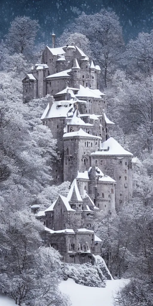 Image similar to a abandoned castle on top of a snowy mountain, 8 k, shallow depth of field, intricate detail, concept art,