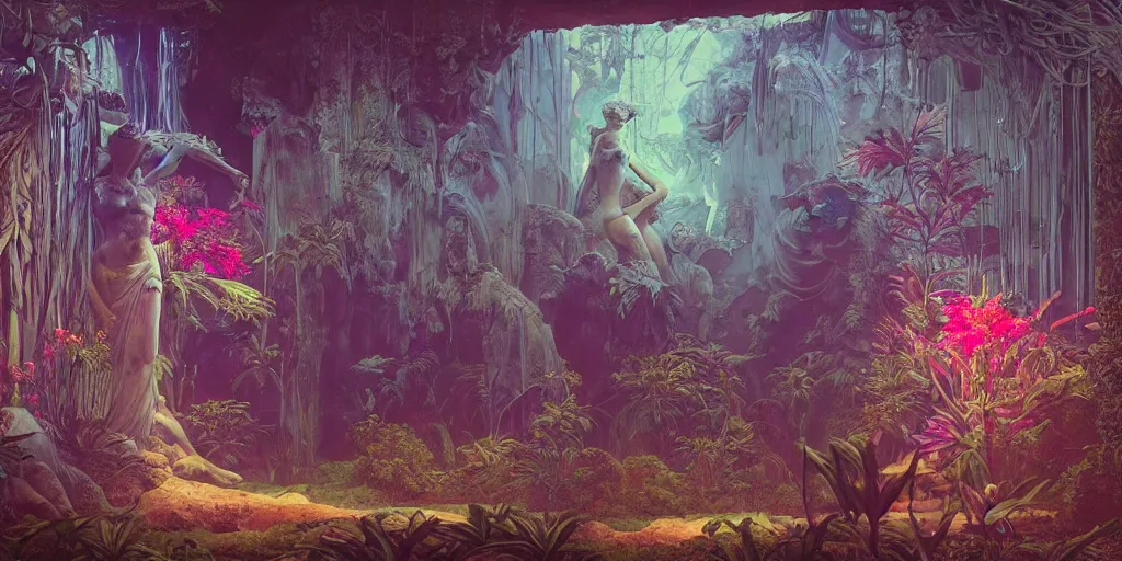 Image similar to Beautiful Ancient Greece Sculpture in jungle with big wild flowers windows, figures, soft neon lights, bright colors, cinematic, cyberpunk, smooth, chrome, lofi, nebula, calming, dramatic, fantasy, by Moebius, by zdzisław beksiński, fantasy LUT, studio ghibli, high contrast, epic composition, sci-fi, dreamlike, surreal, angelic, 8k, unreal engine, hyper realistic, fantasy concept art, XF IQ4, 150MP, 50mm, F1.4, ISO 200, 1/160s, natural light, Adobe Lightroom, photolab, Affinity Photo, PhotoDirector 365