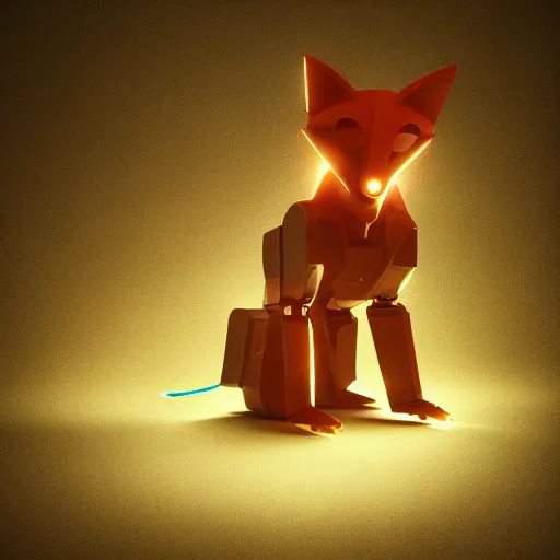 Image similar to robot that resembles a fox, 3 d render, post processing, cinmatic lightning