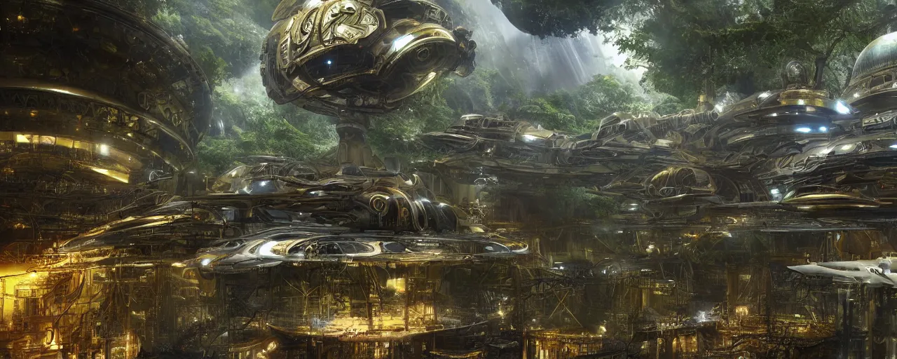 Prompt: a large futuristic scientific flying steampunk battleship elegant, smooth, ornate with gold trimmings, by Craig Mullins and Scott Robertson large steampunk space port inside a lush rainforest background by Dylan Cole and federico pelat cinematic dappled lighting, hyper detailed hyper detailed, 8k, ultra realistic, cinematic lighting, ultra wide 35mm lens