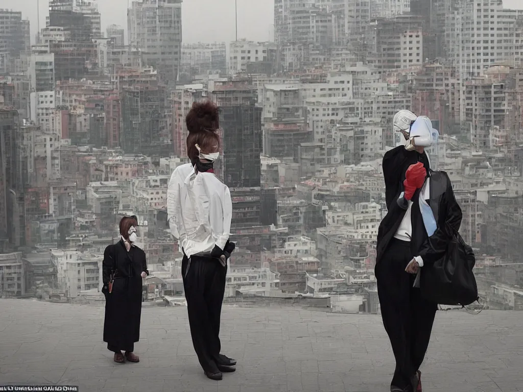 Prompt: ‘The Center of the World’ (Cindy Sherman photograph, wearing face masks) was filmed in Beijing in April 2013 depicting a white collar office worker. A man in his early thirties – the first single-child-generation in China. Representing a new image of an idealized urban successful booming China.