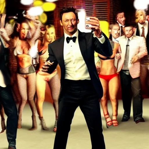 Image similar to full body action shot of hugh jackman at the club partying and taking selfies with friends and a pile of cash in the background in GTA V or GTA VI, 8K, highly detailed, photo realistic