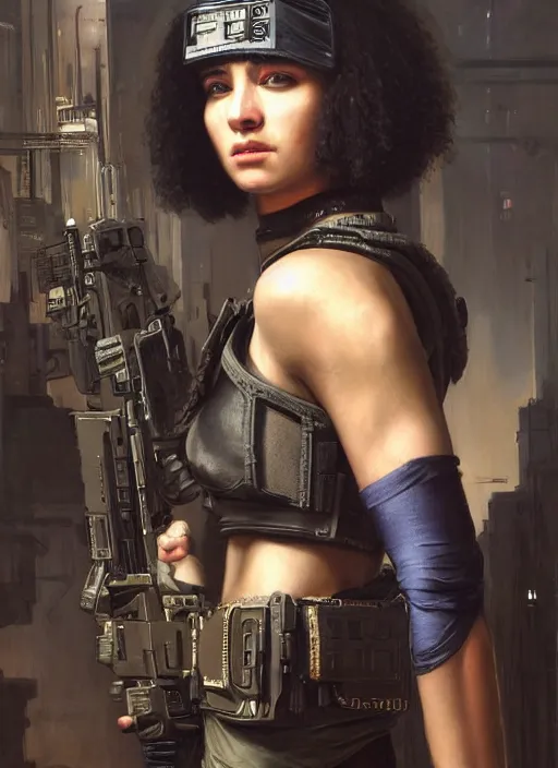 Image similar to buff Maria. beautiful cyberpunk soldier wearing a military vest and military gear (cyberpunk 2077). gorgeous face and afro. Iranian orientalist portrait by john william waterhouse and Edwin Longsden Long and Theodore Ralli and Nasreddine Dinet, oil on canvas. Cinematic, hyper realism, realistic proportions, dramatic lighting, high detail 4k