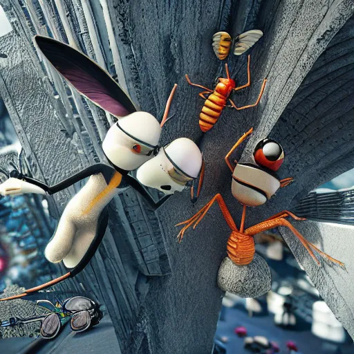 Image similar to bugs engaging in an illegal, criminal activities, highly detailed 3D render made in Cinema4D for Ubisoft Studios