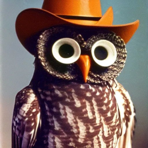 Prompt: 1980s children's cartoon show of an owl in an eye mask and cowboy hat, still from an episode on TV