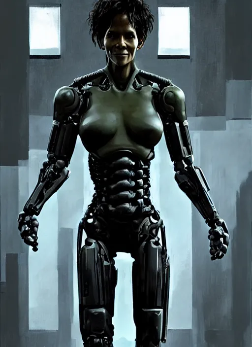 Image similar to halle berry as victor stone, full body concept, cyborg, borg, strogg, face of a man, terminator, flesh, quake strogg, doom demon, wolfenstein, monstrous, powerful, symmetry, symmetrical, concept art by ruan jia and greg rutkowski