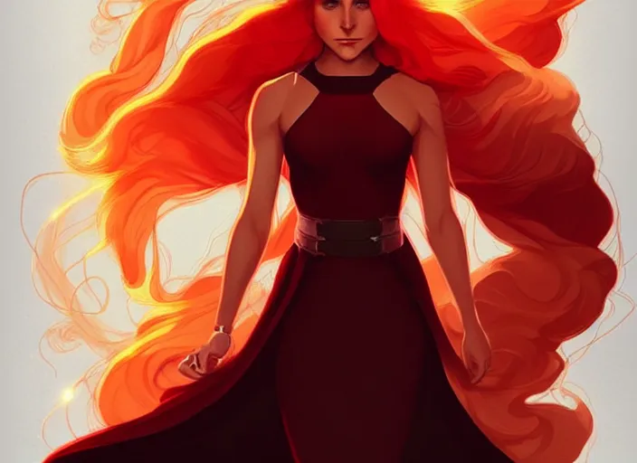 Image similar to style artgerm, joshua middleton, beautiful kristen bell with dark red dress, very long orange hair, symmetrical face, symmetrical eyes, fire powers fire swirling, detailed, volcano setting, cinematic lighting