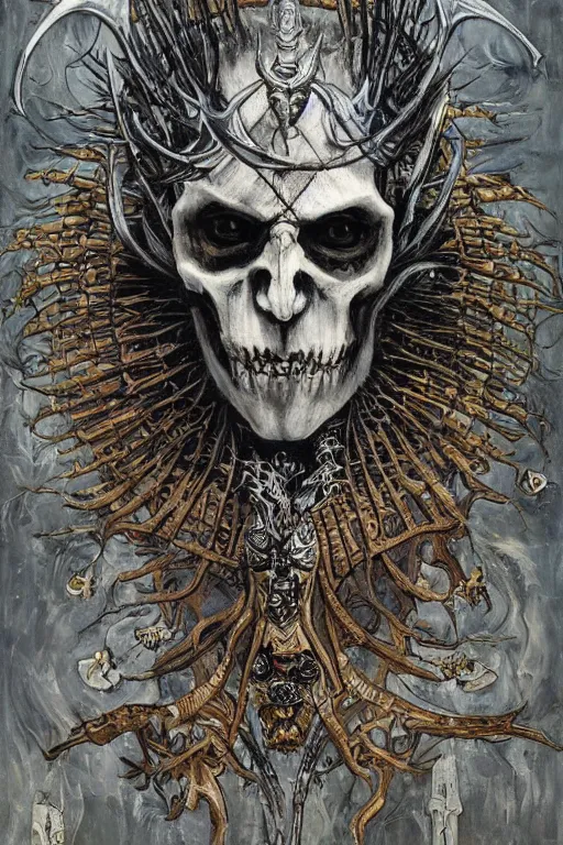 Image similar to The Knight of Bones by Karol Bak, Jean Deville, Gustav Klimt, and Vincent Van Gogh, portrait of a handsome vampire knight in armor, piercing grey eyes, ornate armor covered in thorns, nightmare warrior, bat wings, ornate dramatic bat wing helmet, mystic eye, otherworldly, skulls, fractal structures, arcane, inscribed runes, infernal relics, ornate gilded medieval icon, third eye, spirals