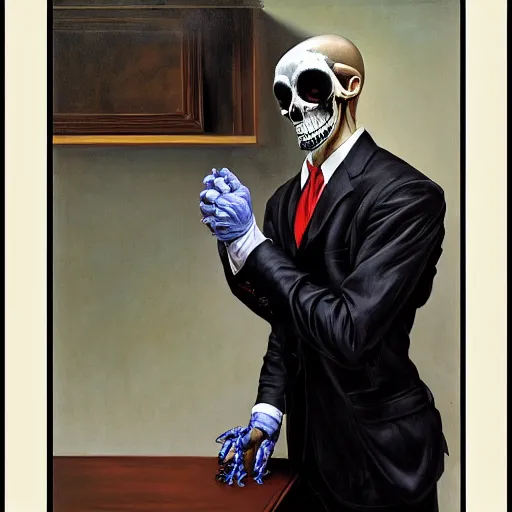 Image similar to portrait of a suited man with medical gloves and a skull mask, by Gerald Brom