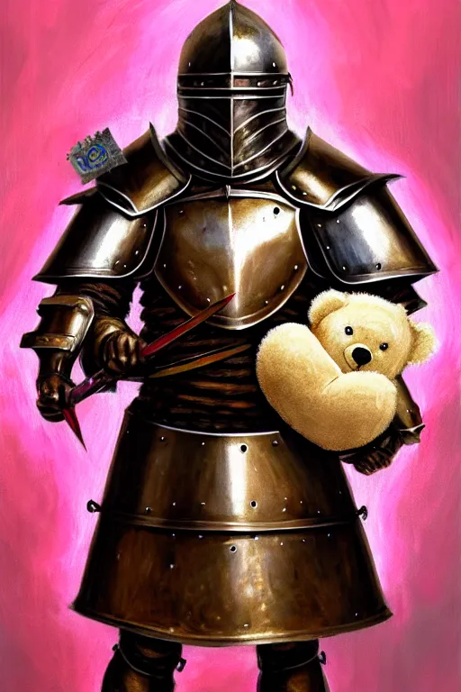 Image similar to a matte oil painting of a knight in full iron plate armor that is holding a teddy bear, inside a pink bedroom, in the style of an oil painting and d & d art, fullbody, photorealistic, sharp focus, award - winning, extremely detailed, 4 k,