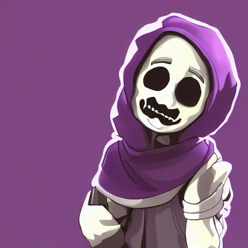 Prompt: cute little boy wearing an skull mask and dressed in an nun outfit, purple color palette, artwork made in western cartoon art syle, inspired in made in abyss and hirohiko araki, ray tracing, soft details