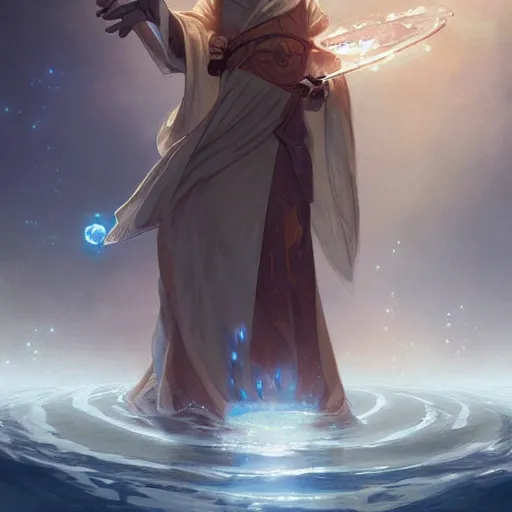 Image similar to young summoner with a water elemental, fantasy, man, thick robes, intricate, elegant, highly detailed, digital painting, artstation, concept art, wallpaper, smooth, sharp focus, illustration, art by artgerm and greg rutkowski and alphonse mucha