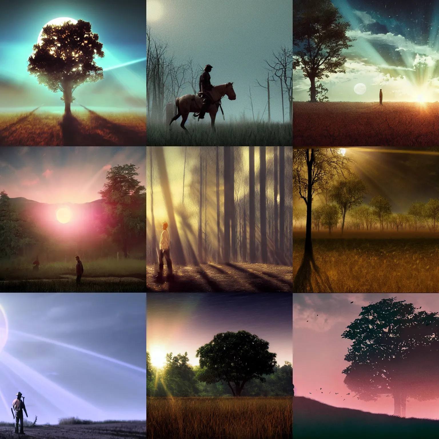 Prompt: cinematic + cinematography + washed out + foreground + background + dark + rim light + back light + harvest moon + dramatic + Spielberg + Coppola + Akira Kurosawa + emulsion + crepuscular rays + lighting + character-art + concept + art + foundry VFX + katana + Octane render + photorealistic + natural light + moonlight + outdoors + wooded forest + mycelium growth + tree + depth + weathered + rain + soft + subtle + subdued + film + cliffs + bleached + warm tones + 35mm + blur + depth + crowd + villagers + night lighting + desolate + lumberjack + town+ village + black horses + stallion + aerial + backside + campfire + roots + creature + distant + wet + fog + atmospheric + puddles + high-detail + 8K + specularity + shiny + dripping + soaked + muddy + puddles + drenched + halo + mirror + reflections + lifted colors + lens distortion + scratched film + oil paintings + environmental + hdr